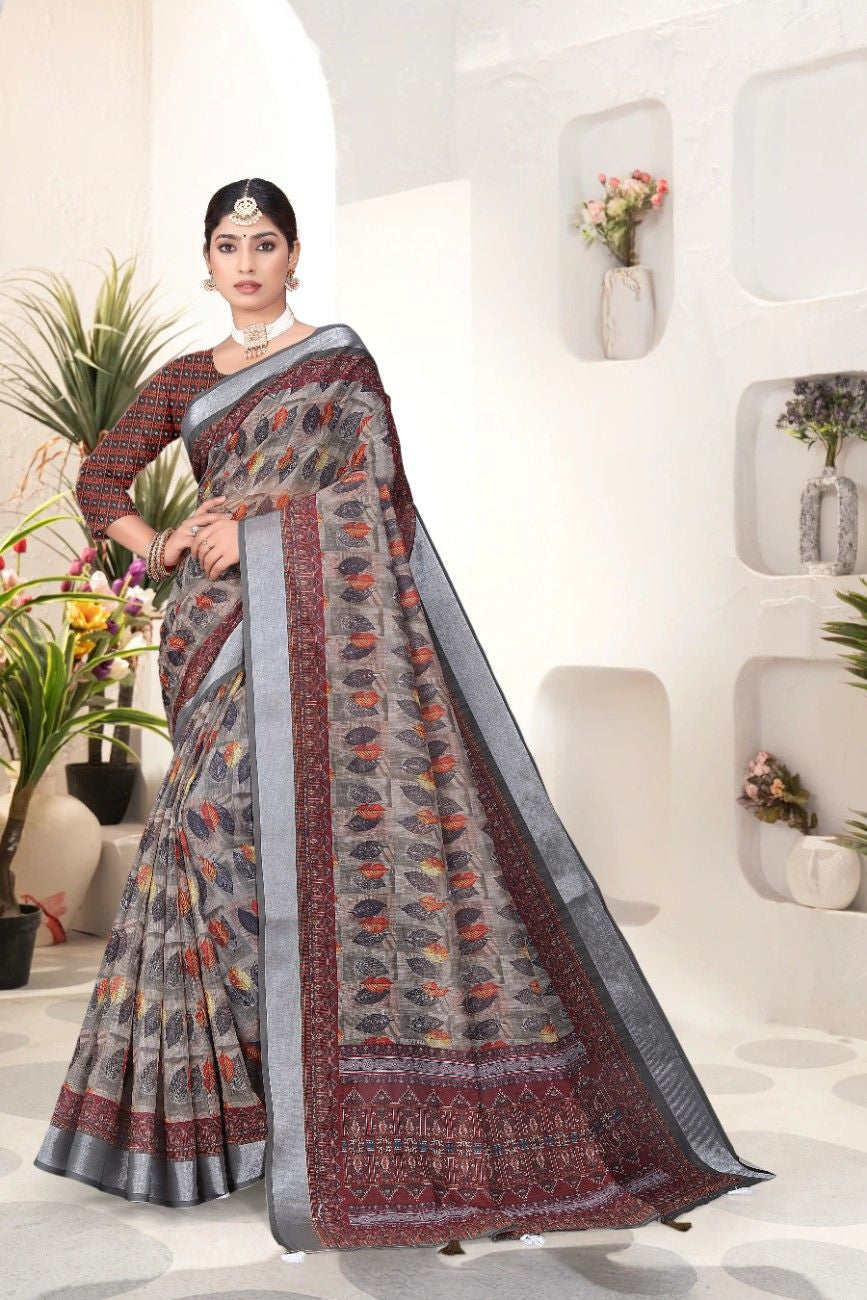 Georgette Saree with Digital Floral AND Geometric Print & Fancy Latkans