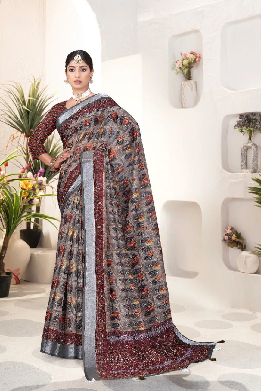 Georgette Saree with Digital Floral AND Geometric Print & Fancy Latkans