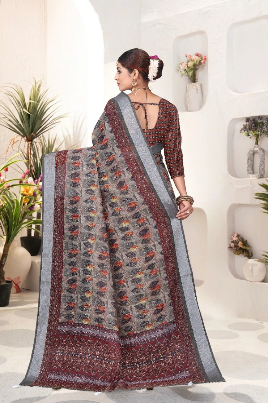 Georgette Saree with Digital Floral AND Geometric Print & Fancy Latkans