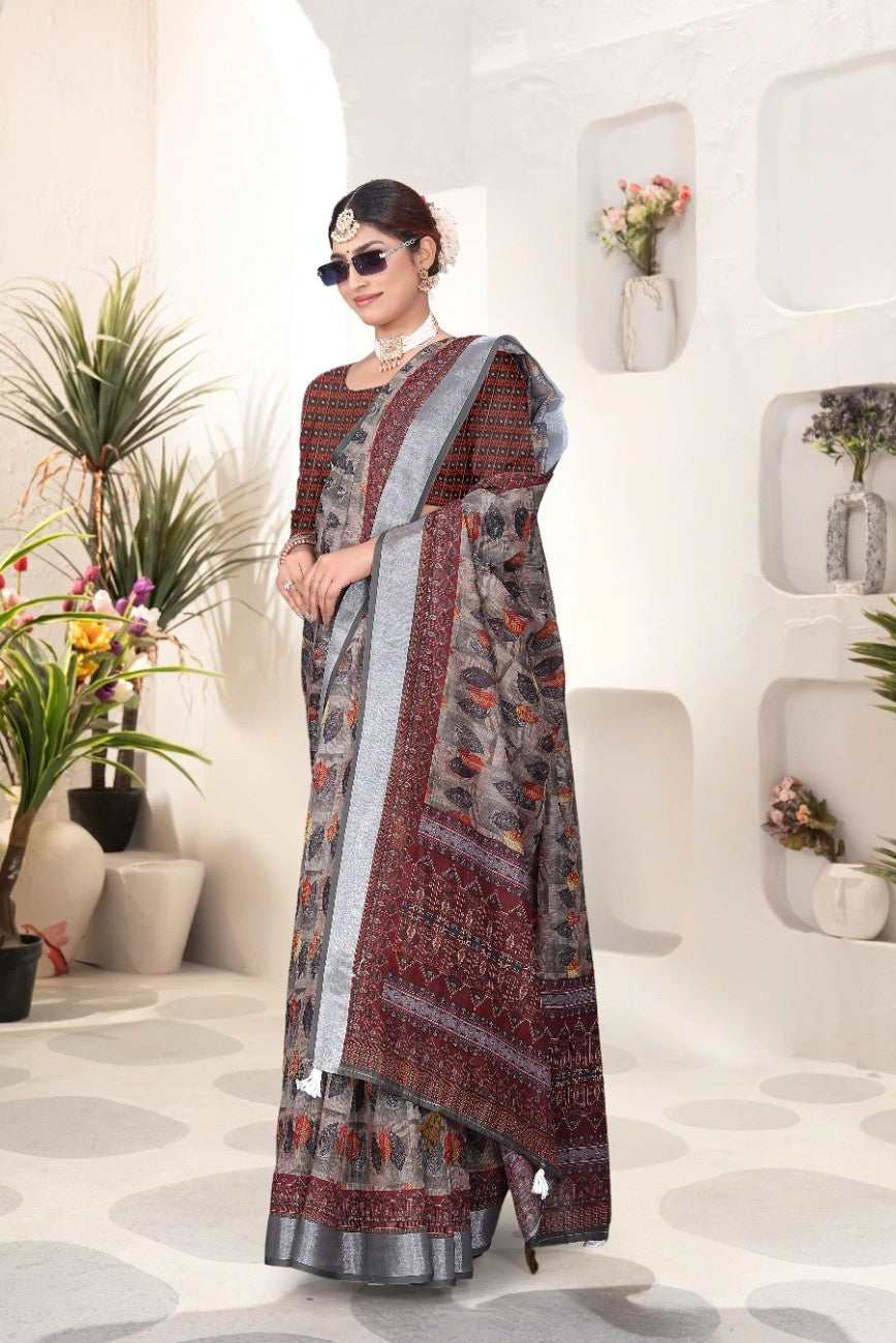 Georgette Saree with Digital Floral AND Geometric Print & Fancy Latkans