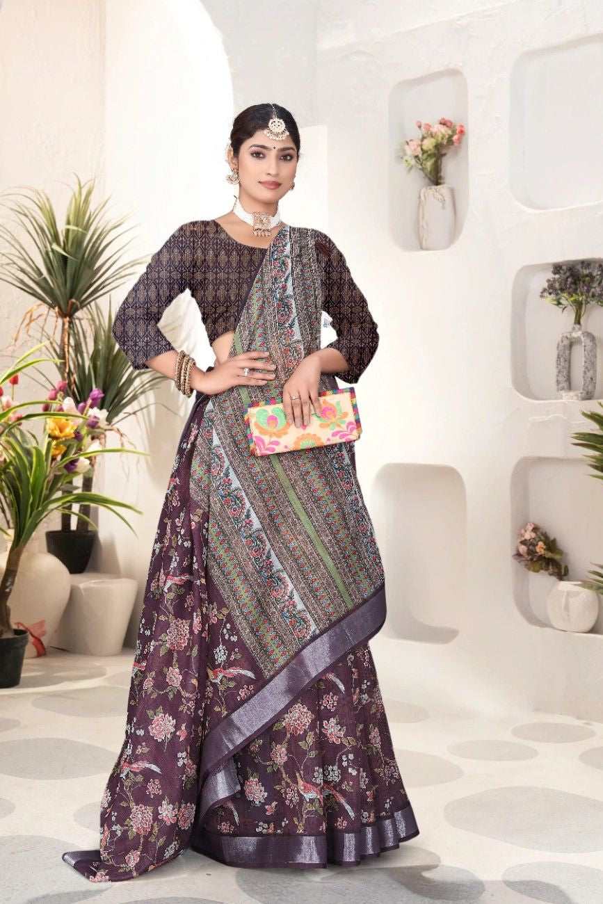 Georgette Saree with Digital Floral AND Geometric Print & Fancy Latkans