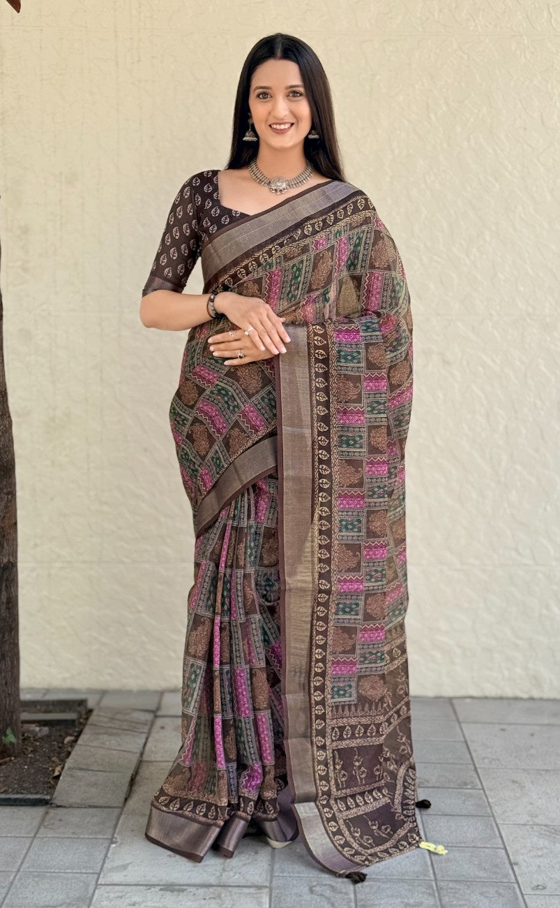 Silk Saree with ethnic floral and geometric motifs