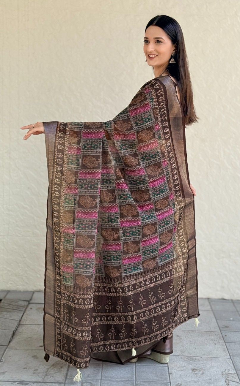 Silk Saree with ethnic floral and geometric motifs