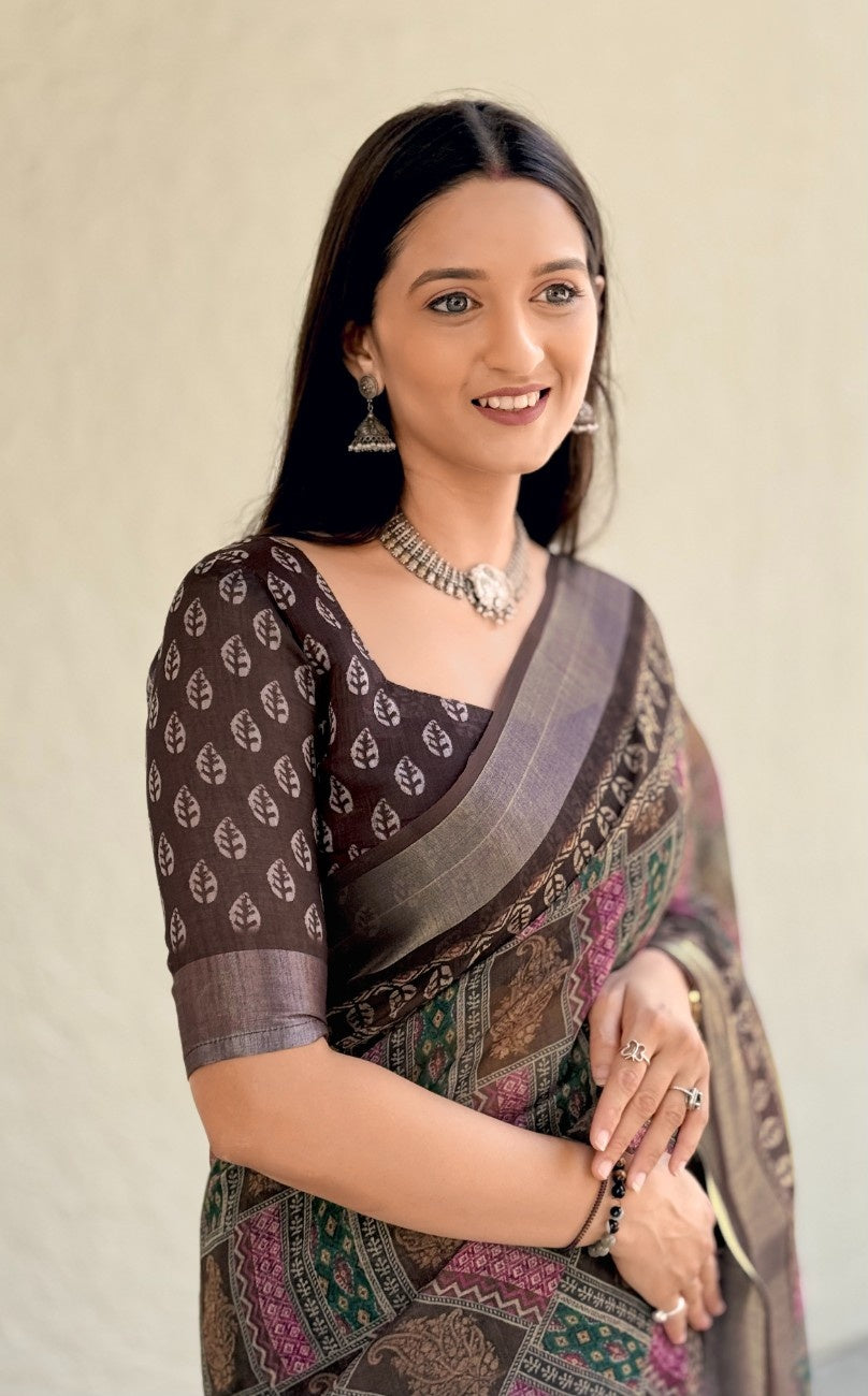 Silk Saree with ethnic floral and geometric motifs