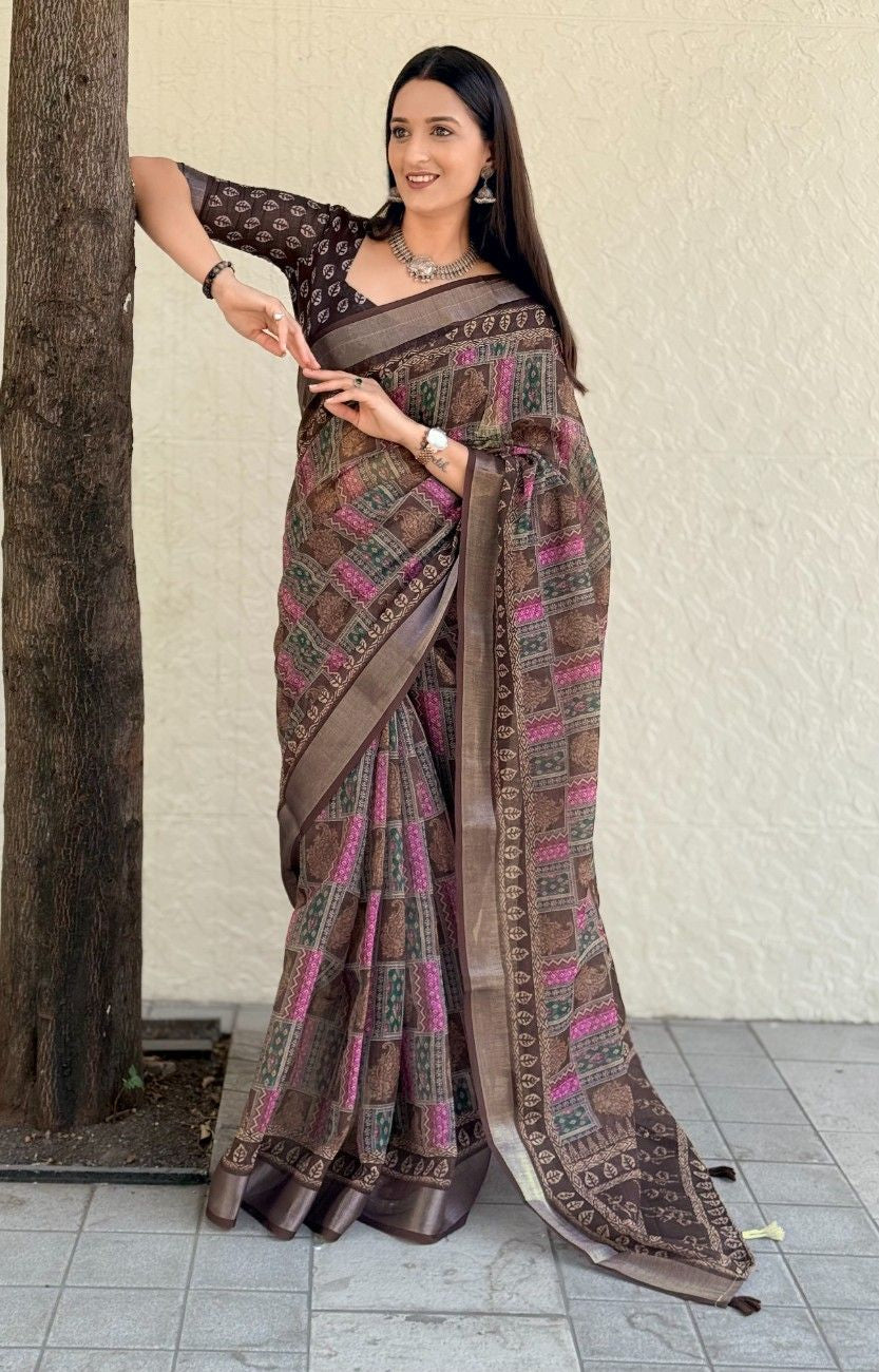 Silk Saree with ethnic floral and geometric motifs
