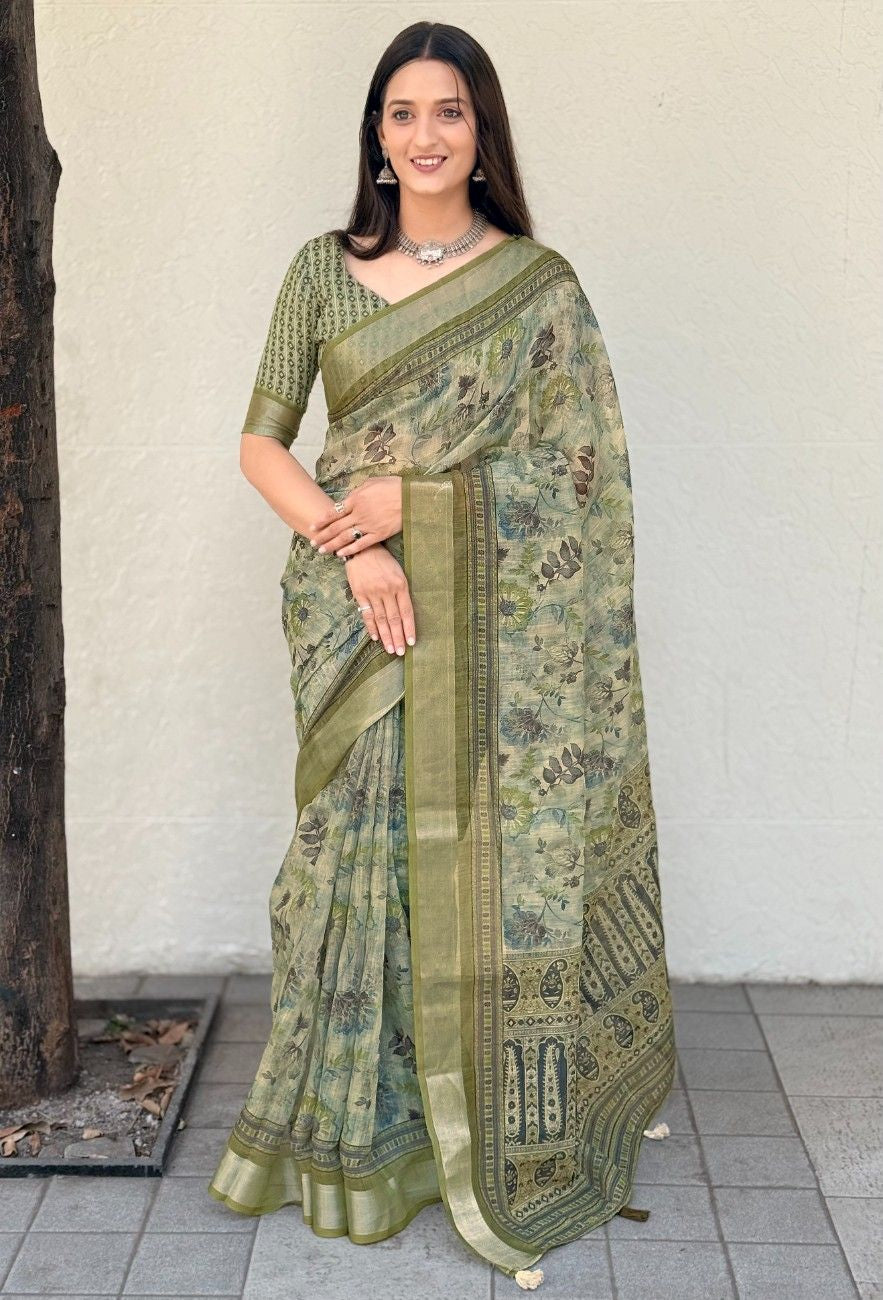 Silk Saree with ethnic floral and geometric motifs