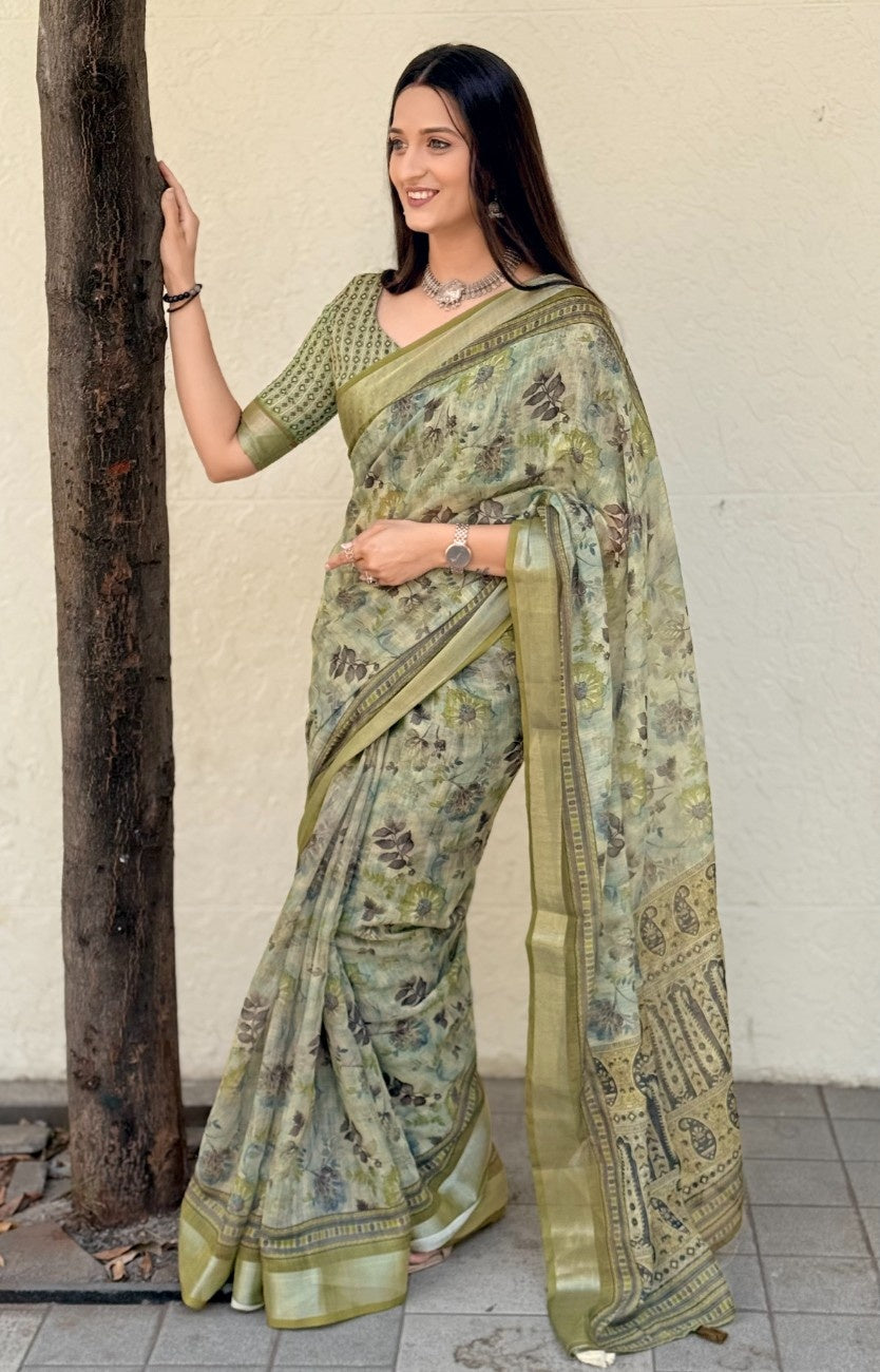 Silk Saree with ethnic floral and geometric motifs