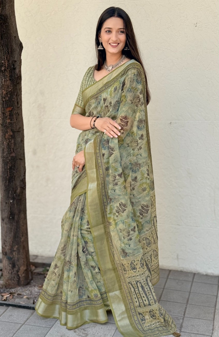 Silk Saree with ethnic floral and geometric motifs