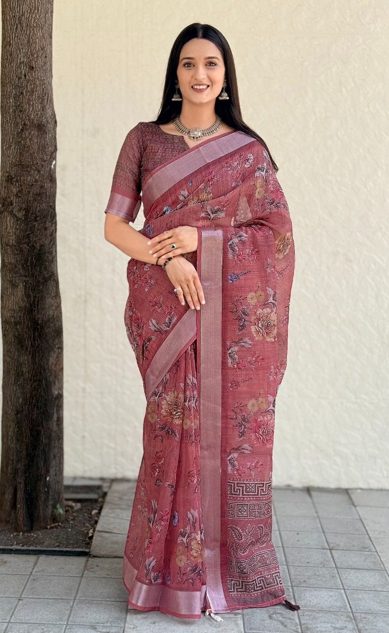 Silk Saree with ethnic floral and geometric motifs