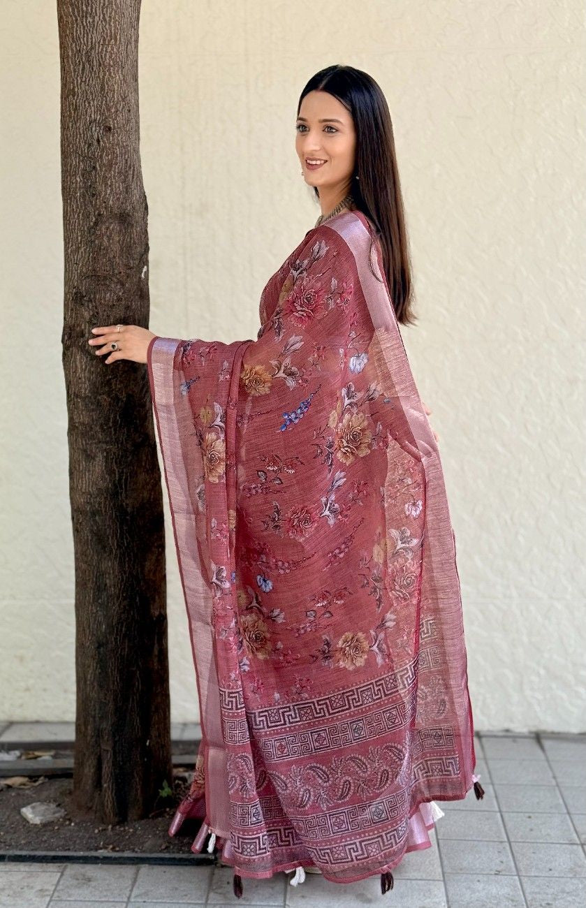 Silk Saree with ethnic floral and geometric motifs