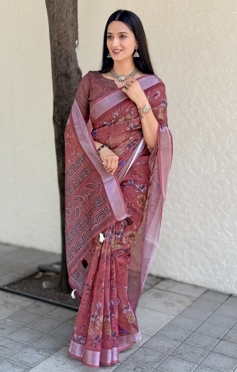 Silk Saree with ethnic floral and geometric motifs