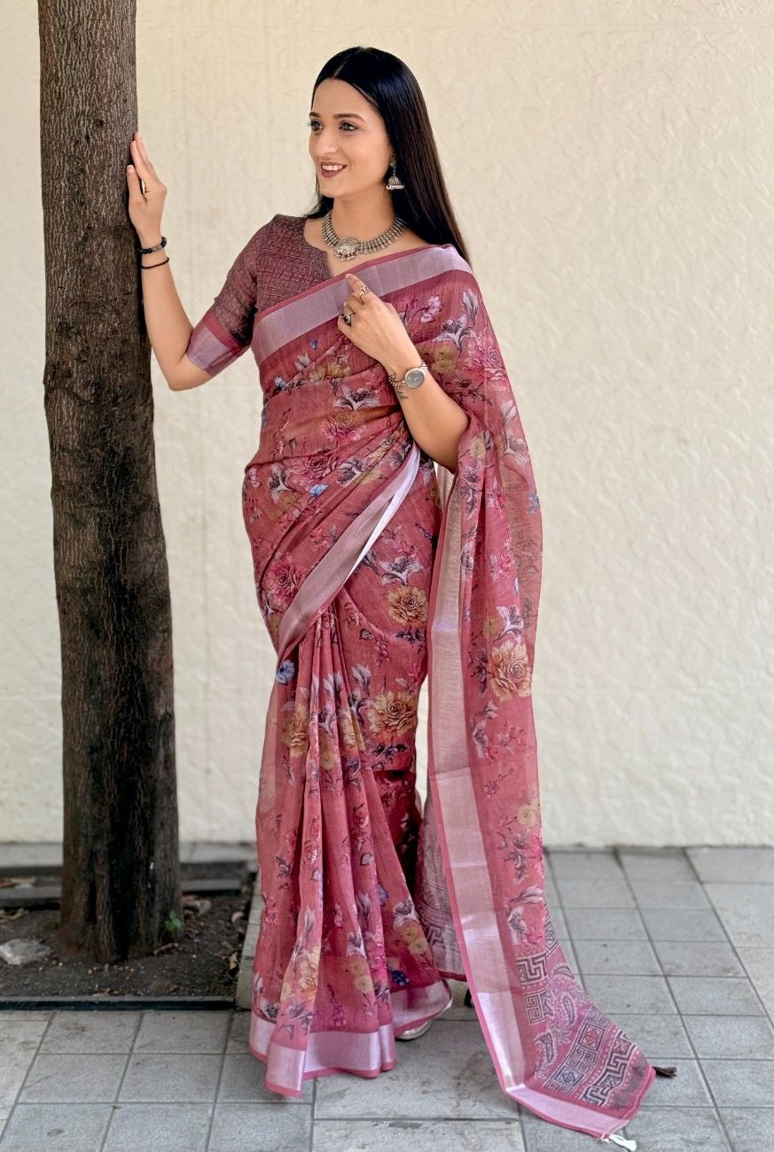 Silk Saree with ethnic floral and geometric motifs