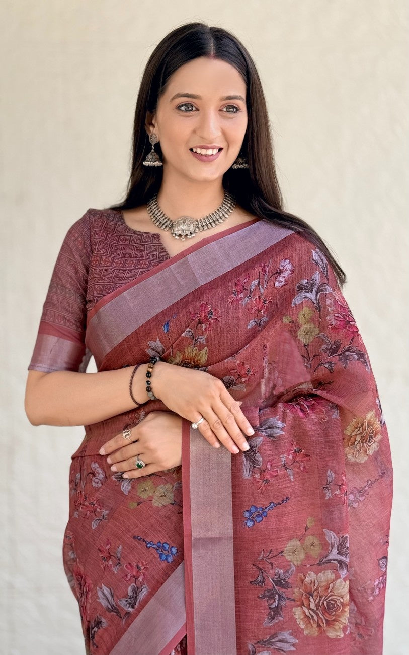 Silk Saree with ethnic floral and geometric motifs
