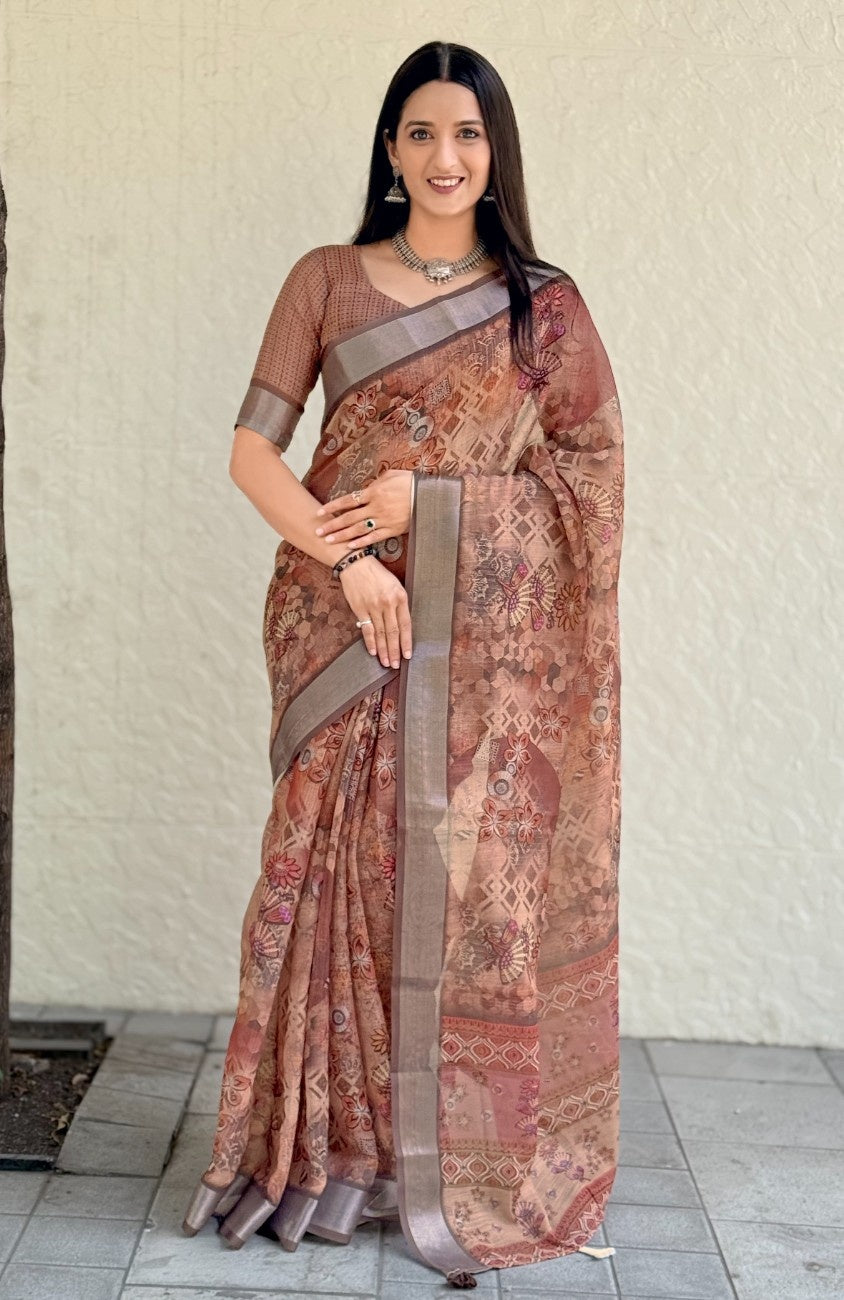 Silk Saree with ethnic floral and geometric motifs