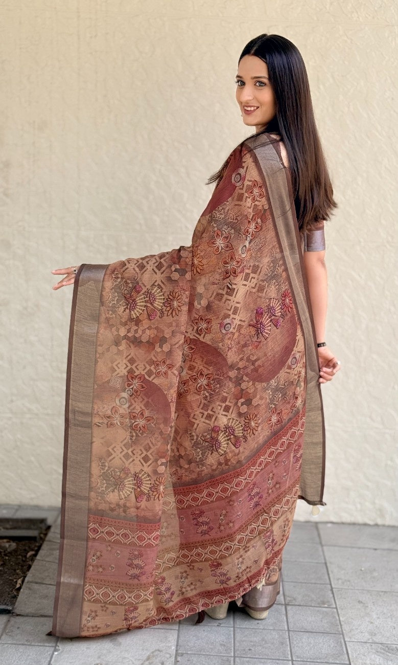 Silk Saree with ethnic floral and geometric motifs