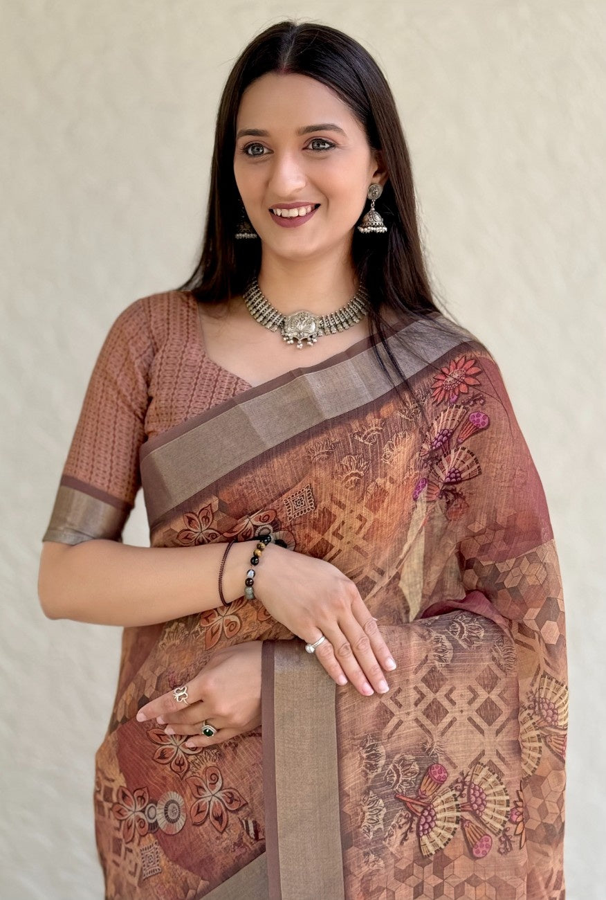 Silk Saree with ethnic floral and geometric motifs