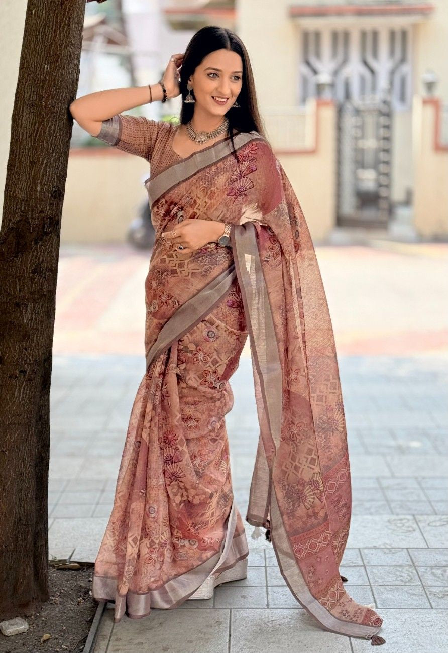Silk Saree with ethnic floral and geometric motifs