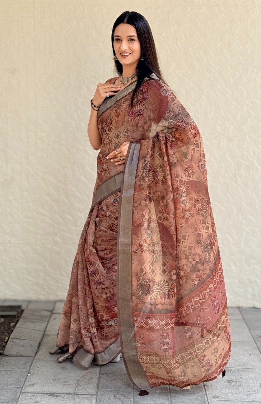 Silk Saree with ethnic floral and geometric motifs