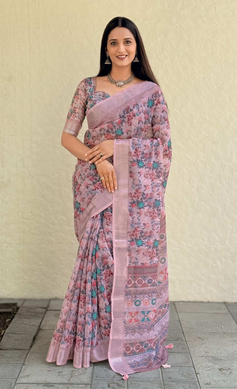 Silk Saree with ethnic floral and geometric motifs