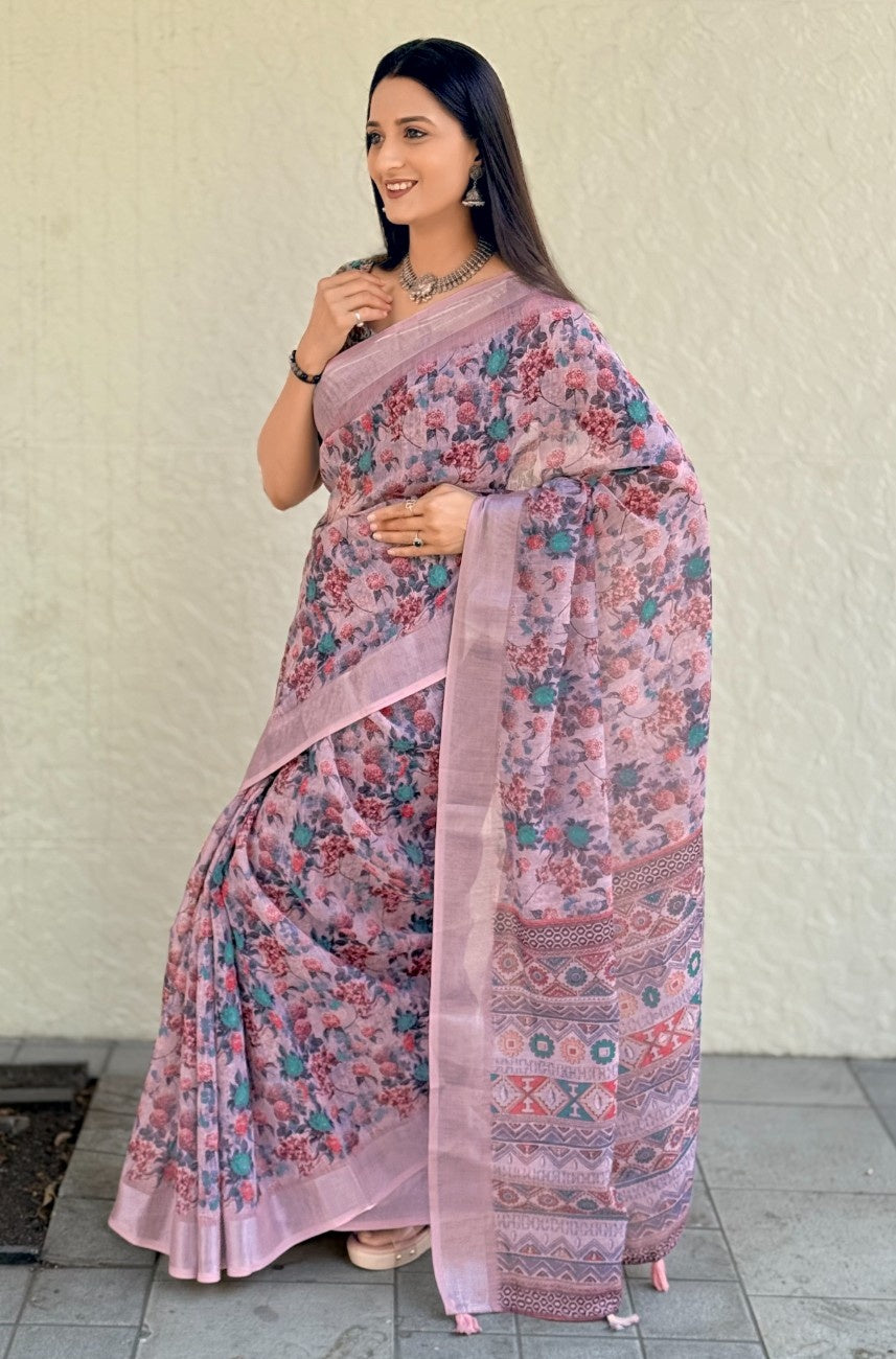 Silk Saree with ethnic floral and geometric motifs