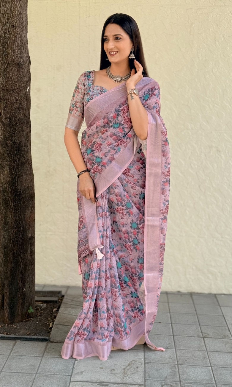 Silk Saree with ethnic floral and geometric motifs