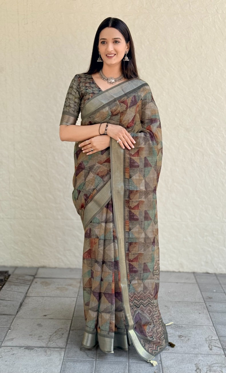 Silk Saree with ethnic floral and geometric motifs