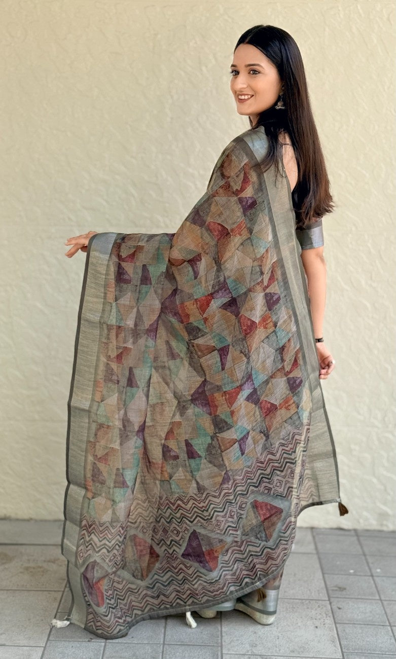 Silk Saree with ethnic floral and geometric motifs