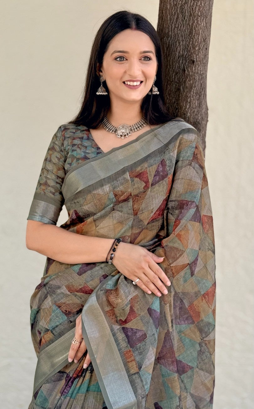 Silk Saree with ethnic floral and geometric motifs