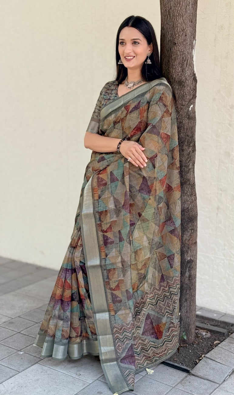 Silk Saree with ethnic floral and geometric motifs