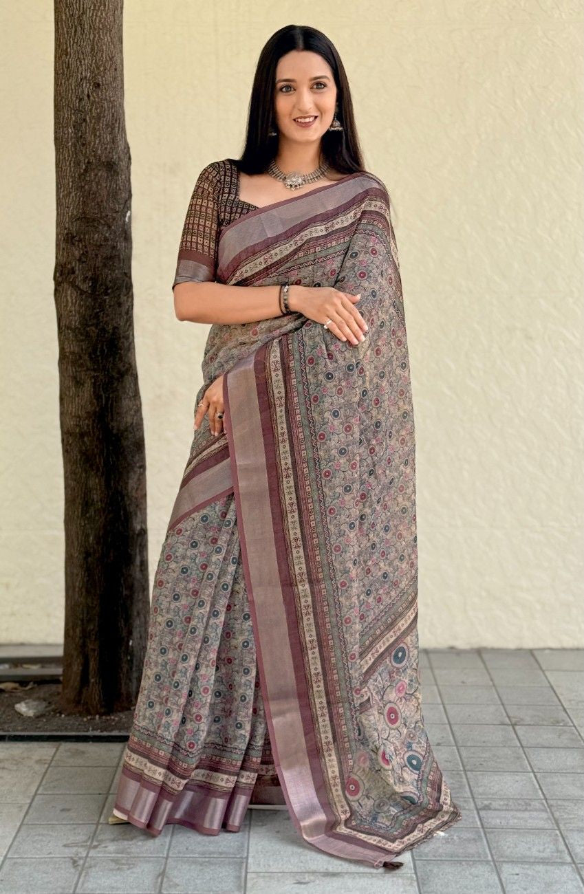Silk Saree with ethnic floral and geometric motifs