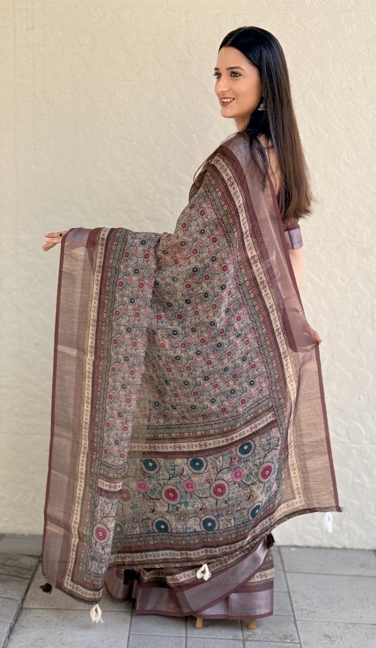 Silk Saree with ethnic floral and geometric motifs