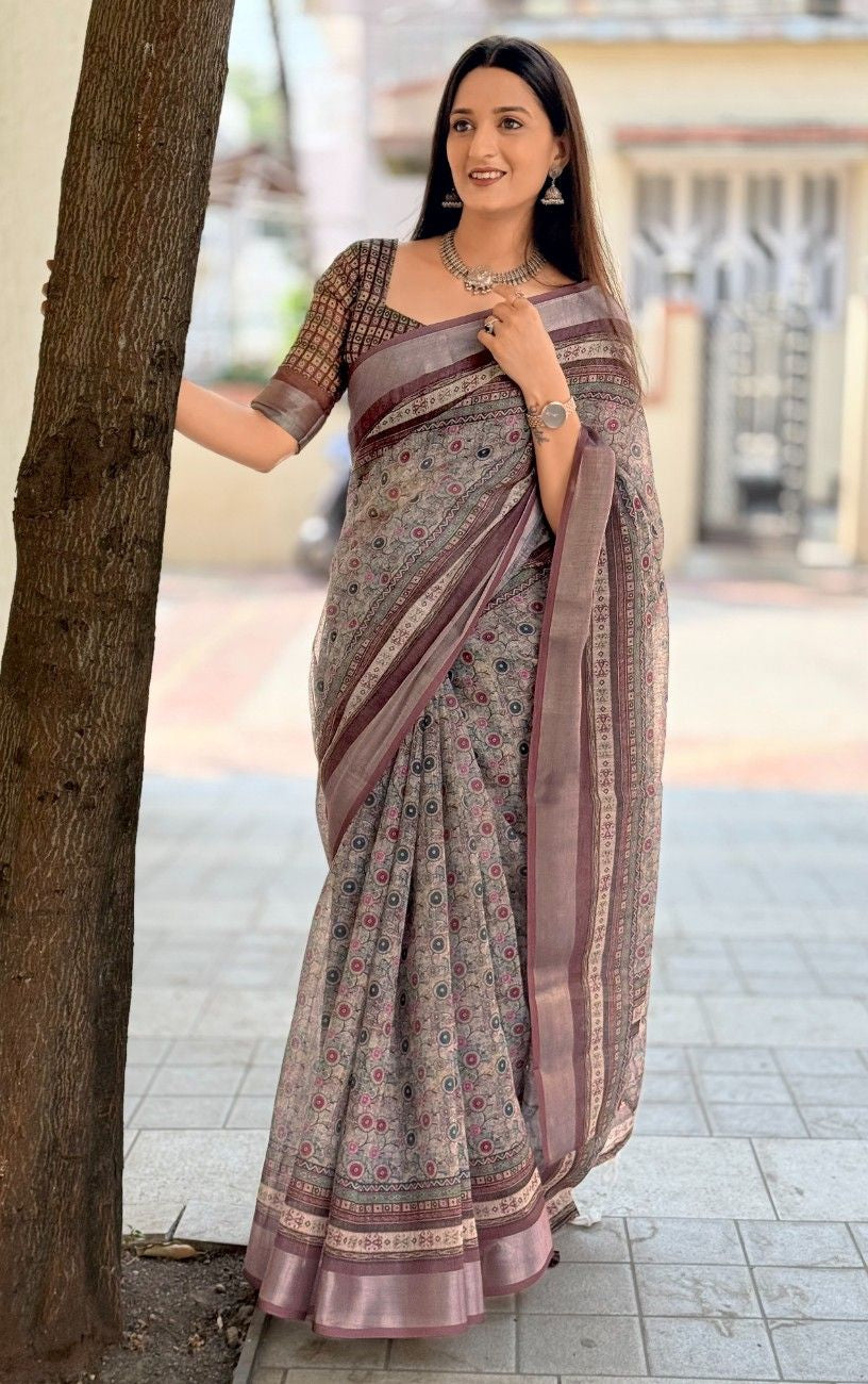 Silk Saree with ethnic floral and geometric motifs