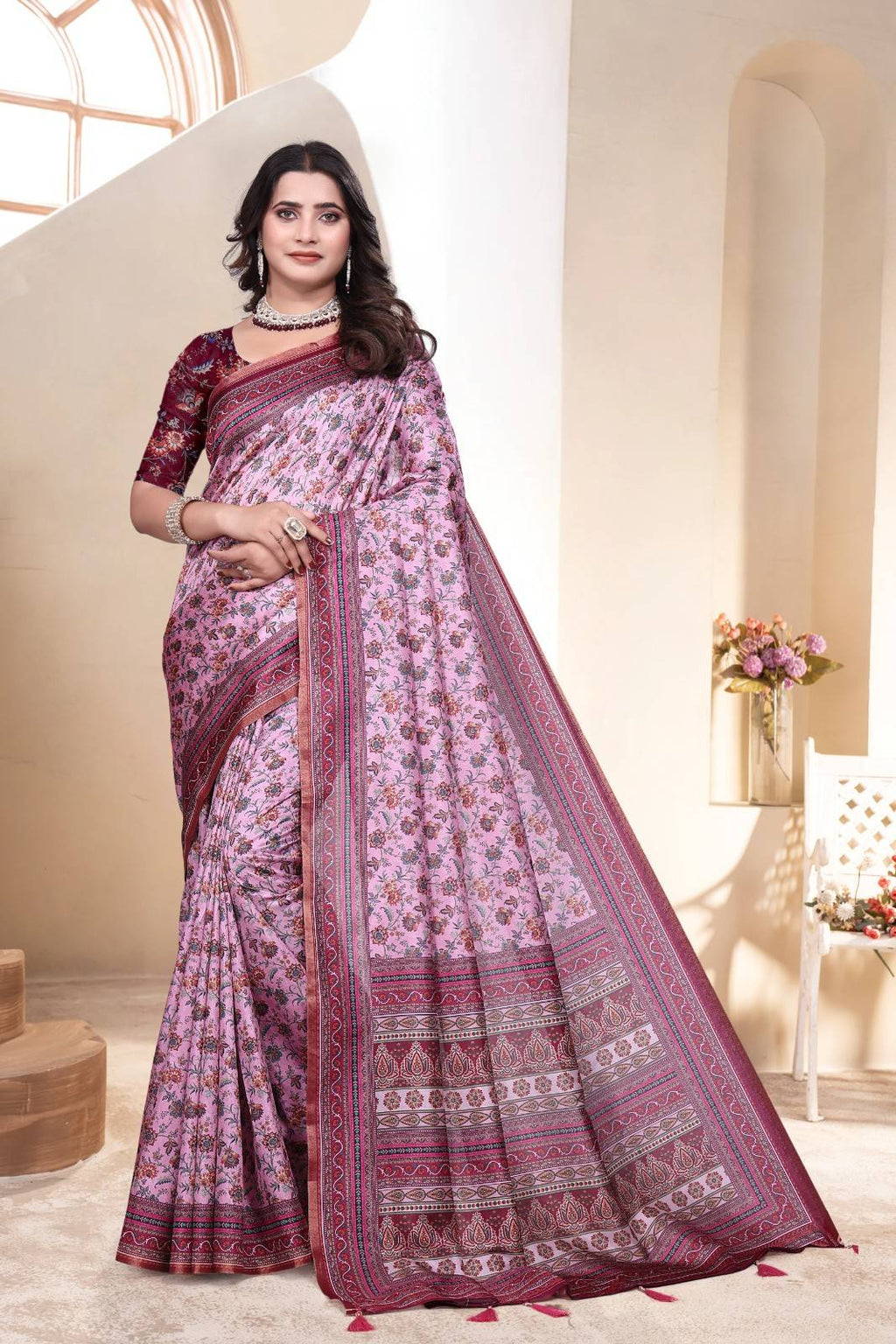 Soft Silk Saree with ethnic floral and geometric motifs