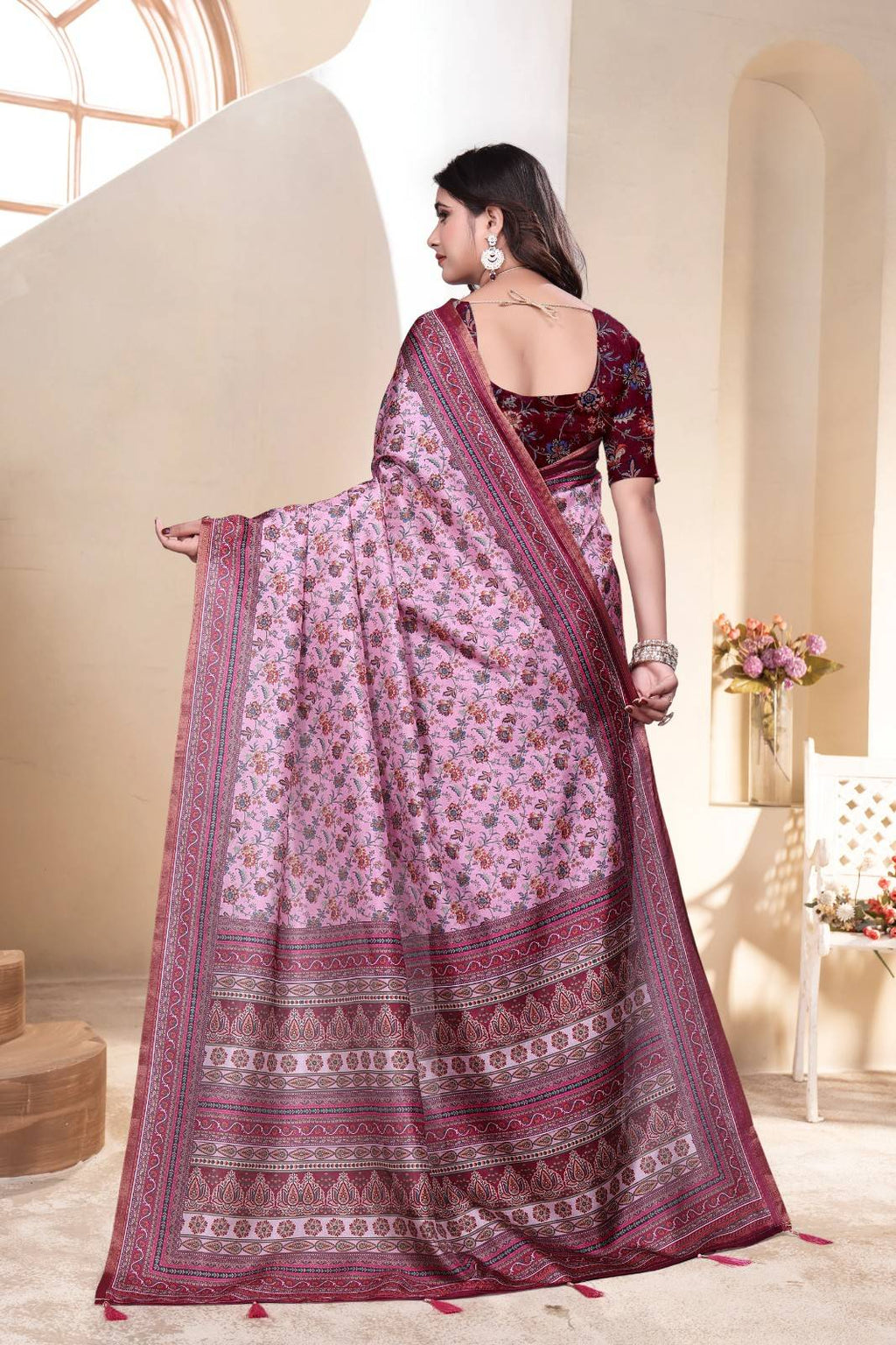Soft Silk Saree with ethnic floral and geometric motifs
