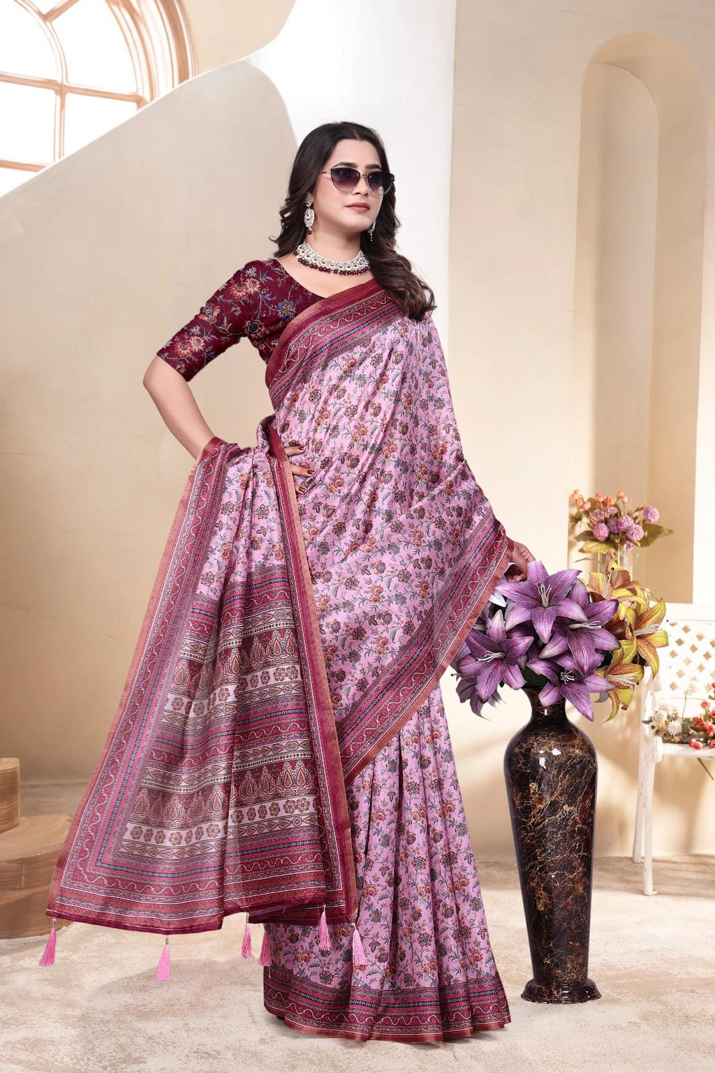 Soft Silk Saree with ethnic floral and geometric motifs