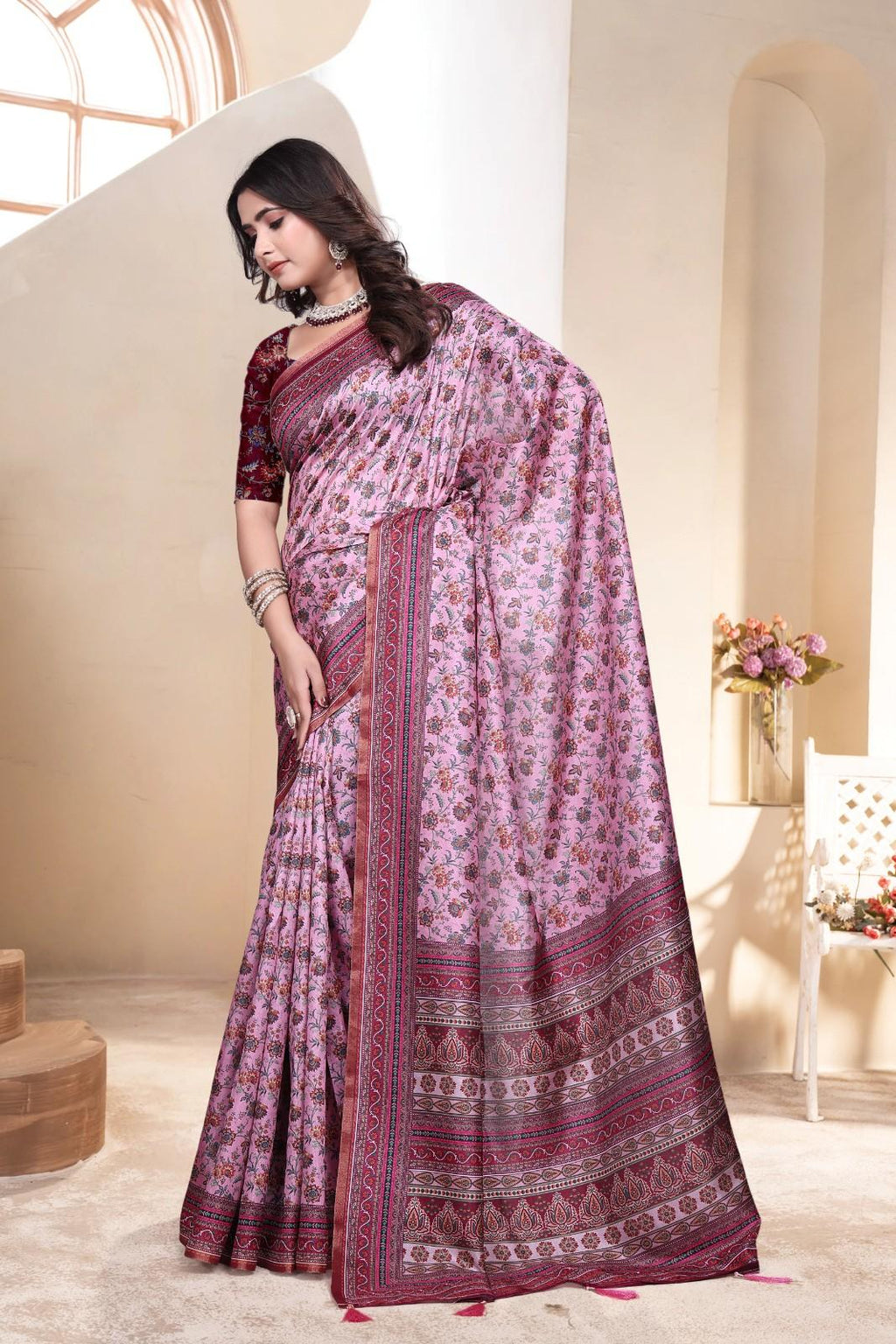 Soft Silk Saree with ethnic floral and geometric motifs