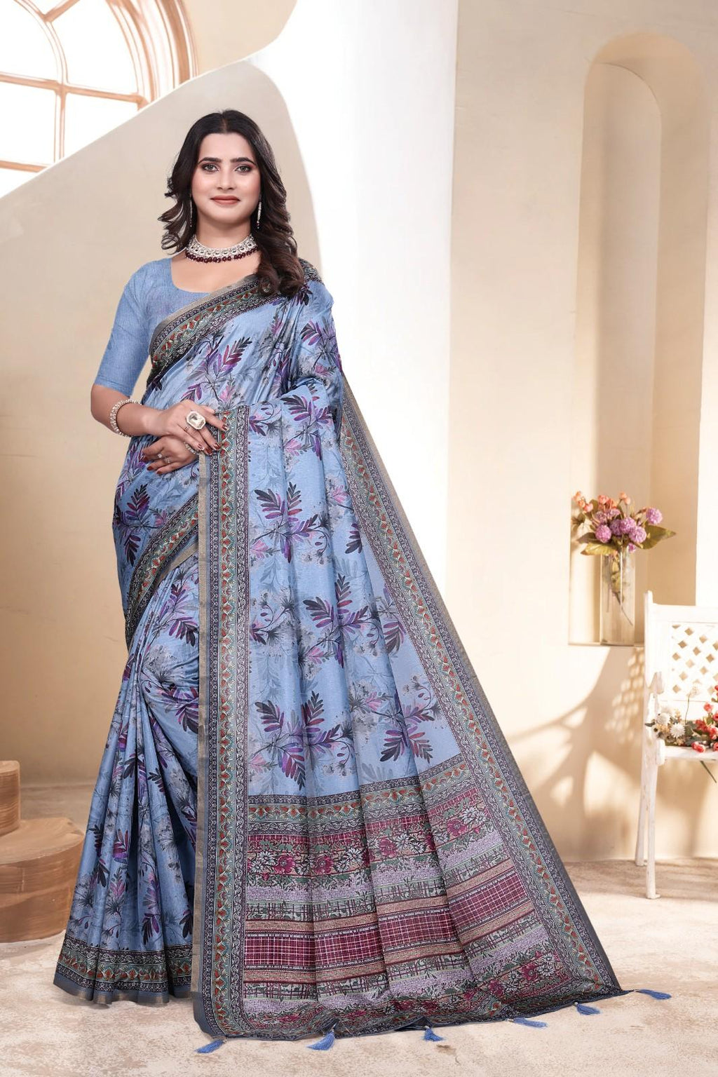 Soft Silk Saree with ethnic floral and geometric motifs