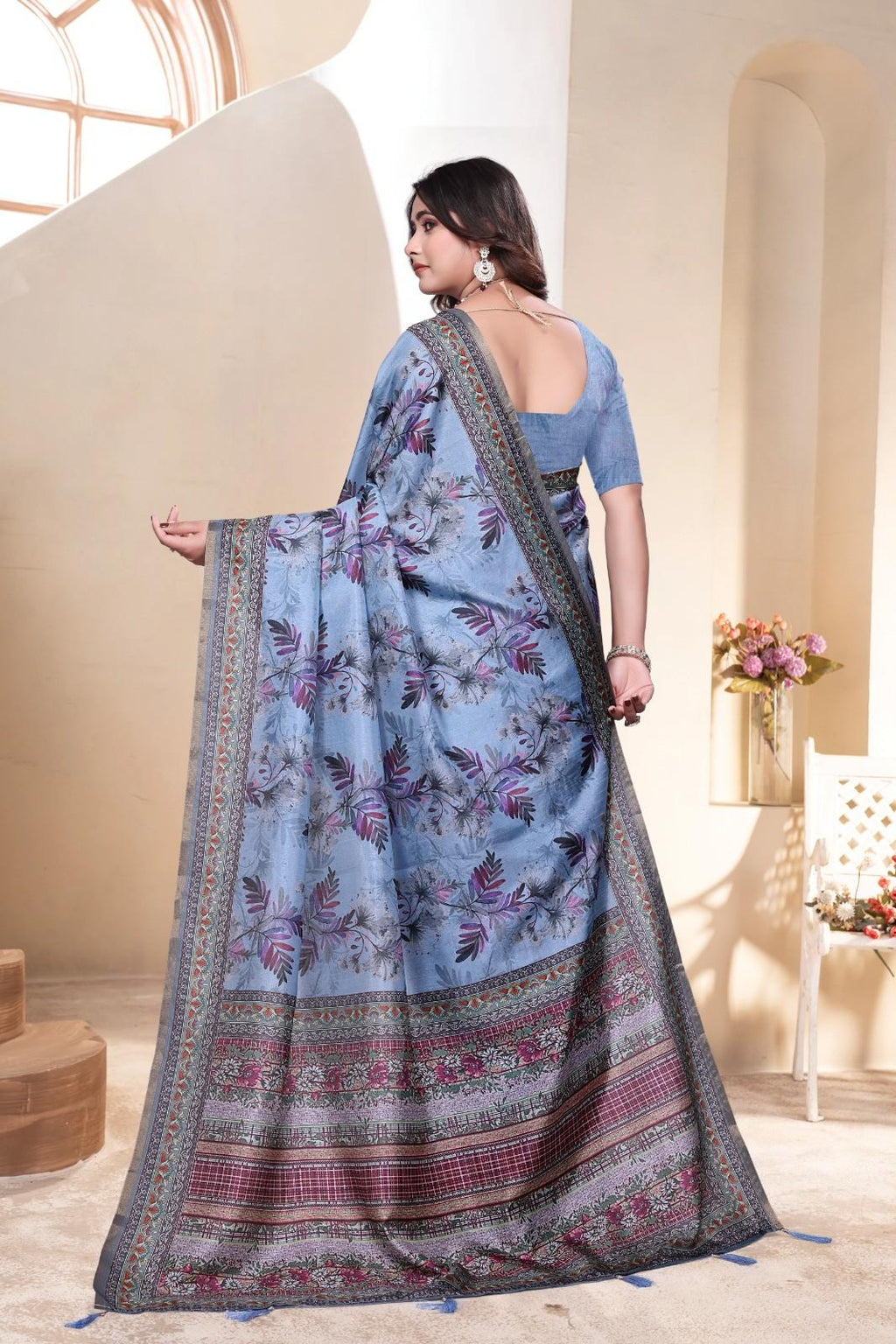 Soft Silk Saree with ethnic floral and geometric motifs
