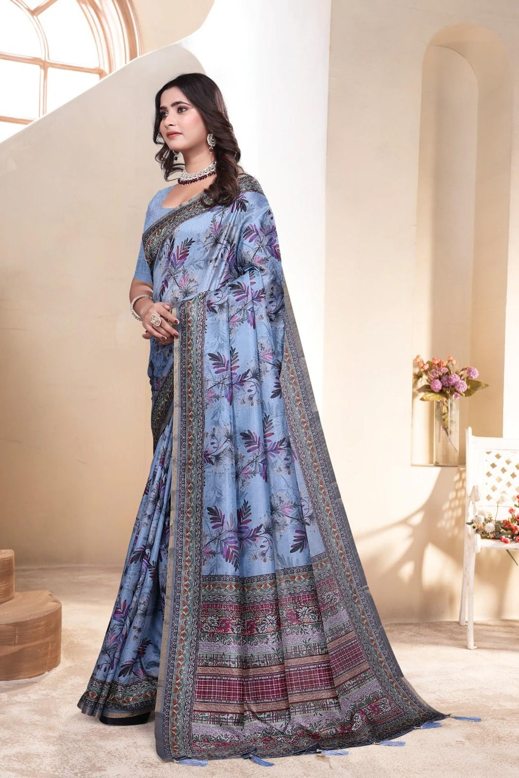 Soft Silk Saree with ethnic floral and geometric motifs