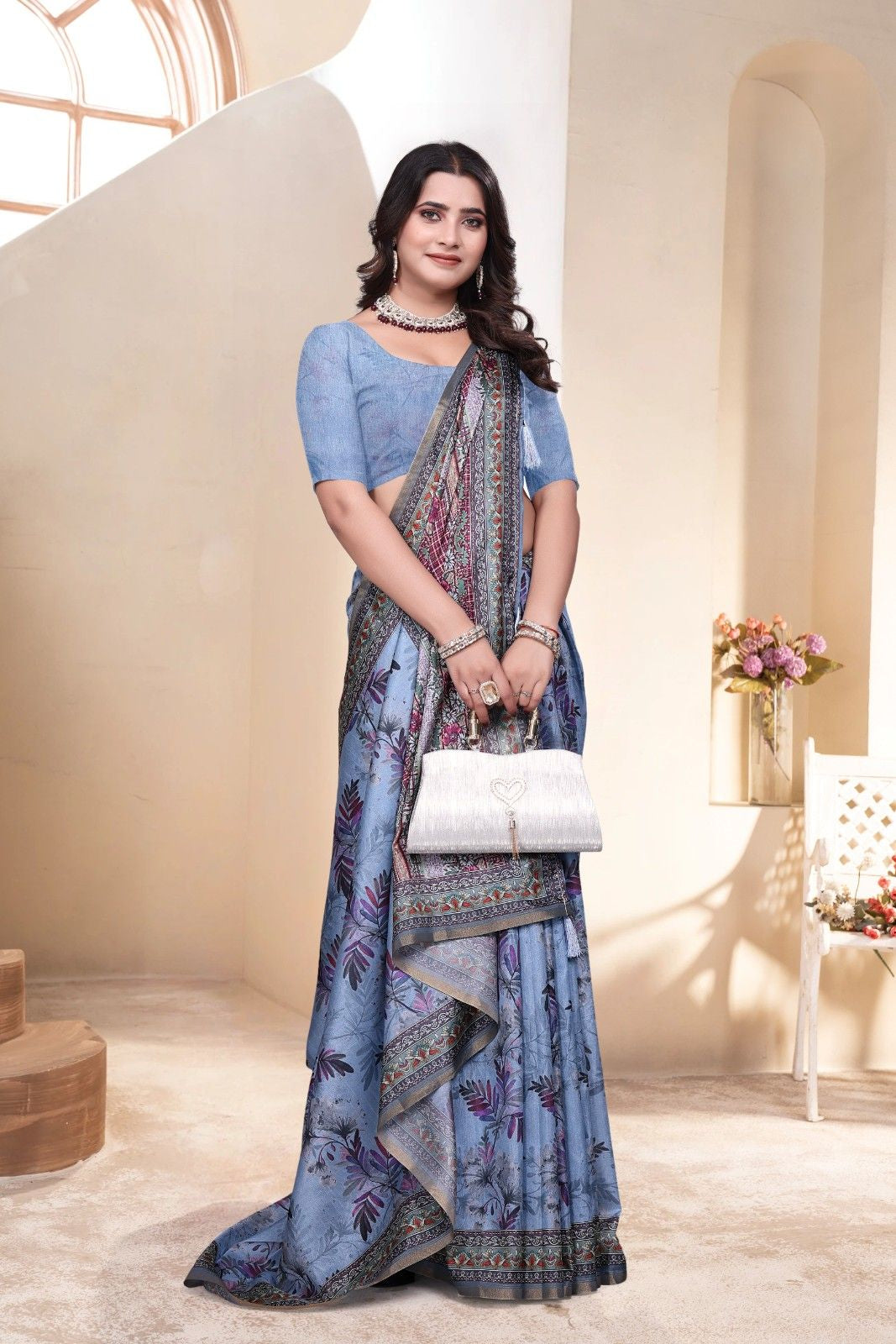 Soft Silk Saree with ethnic floral and geometric motifs