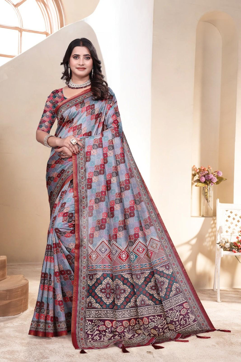 Soft Silk Saree with ethnic floral and geometric motifs