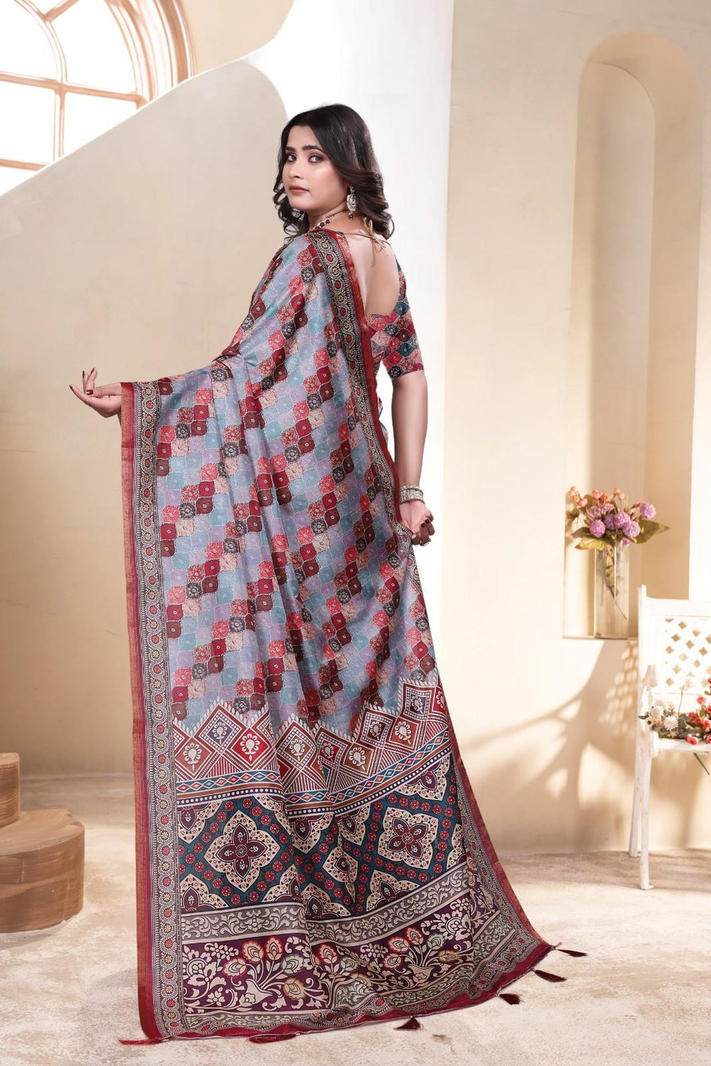 Soft Silk Saree with ethnic floral and geometric motifs