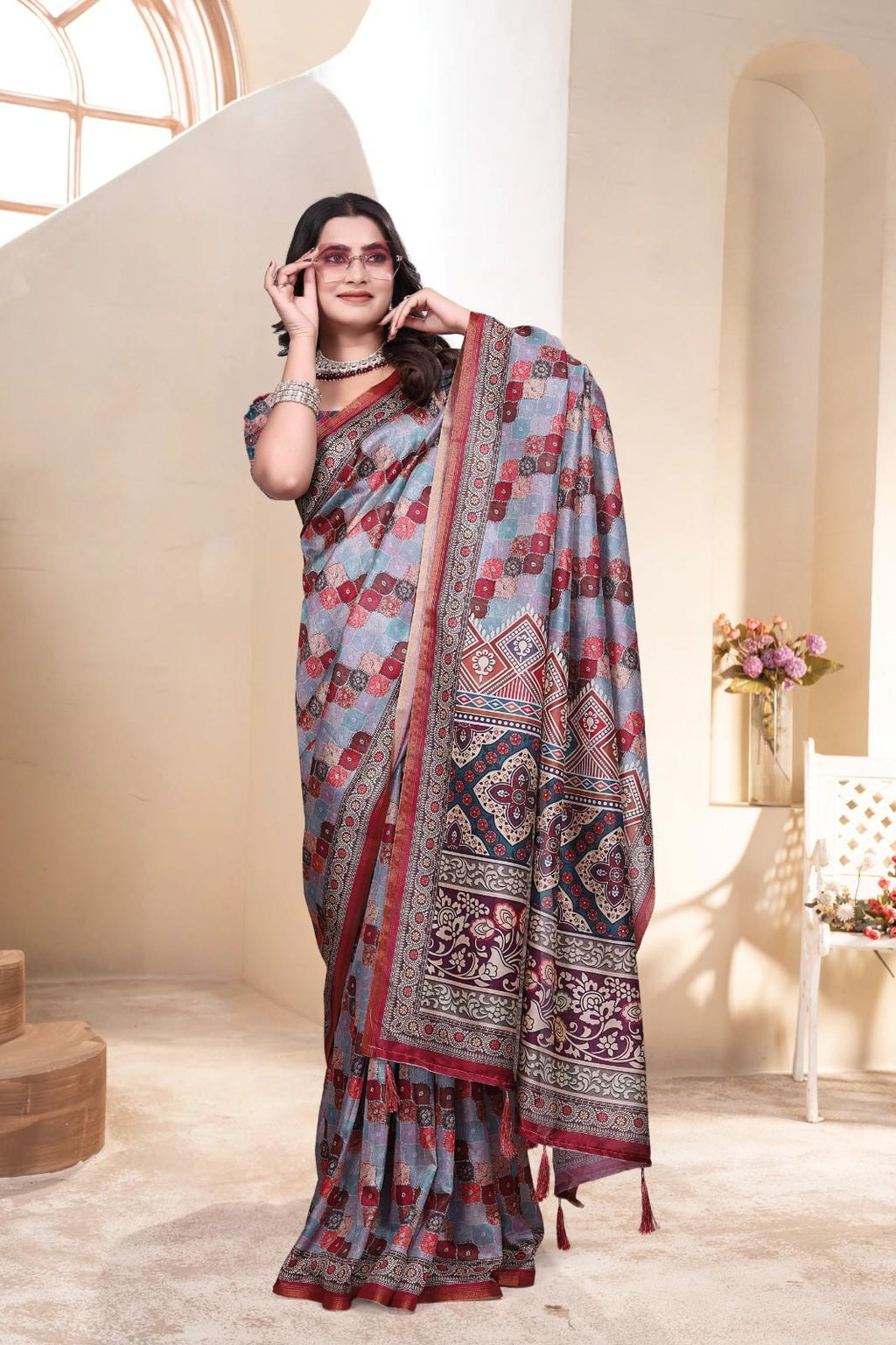 Soft Silk Saree with ethnic floral and geometric motifs