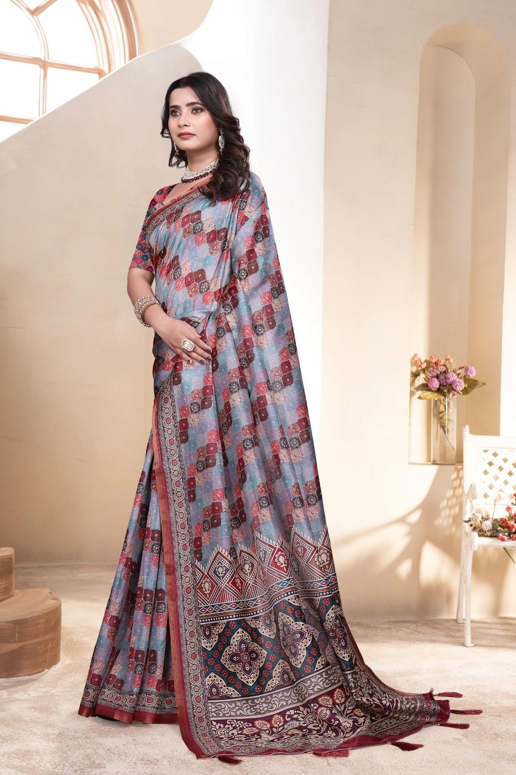 Soft Silk Saree with ethnic floral and geometric motifs