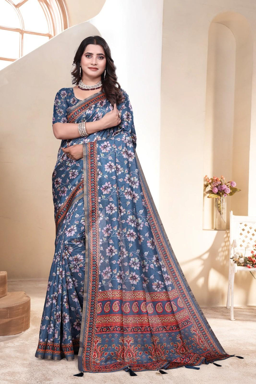 Soft Silk Saree with ethnic floral and geometric motifs