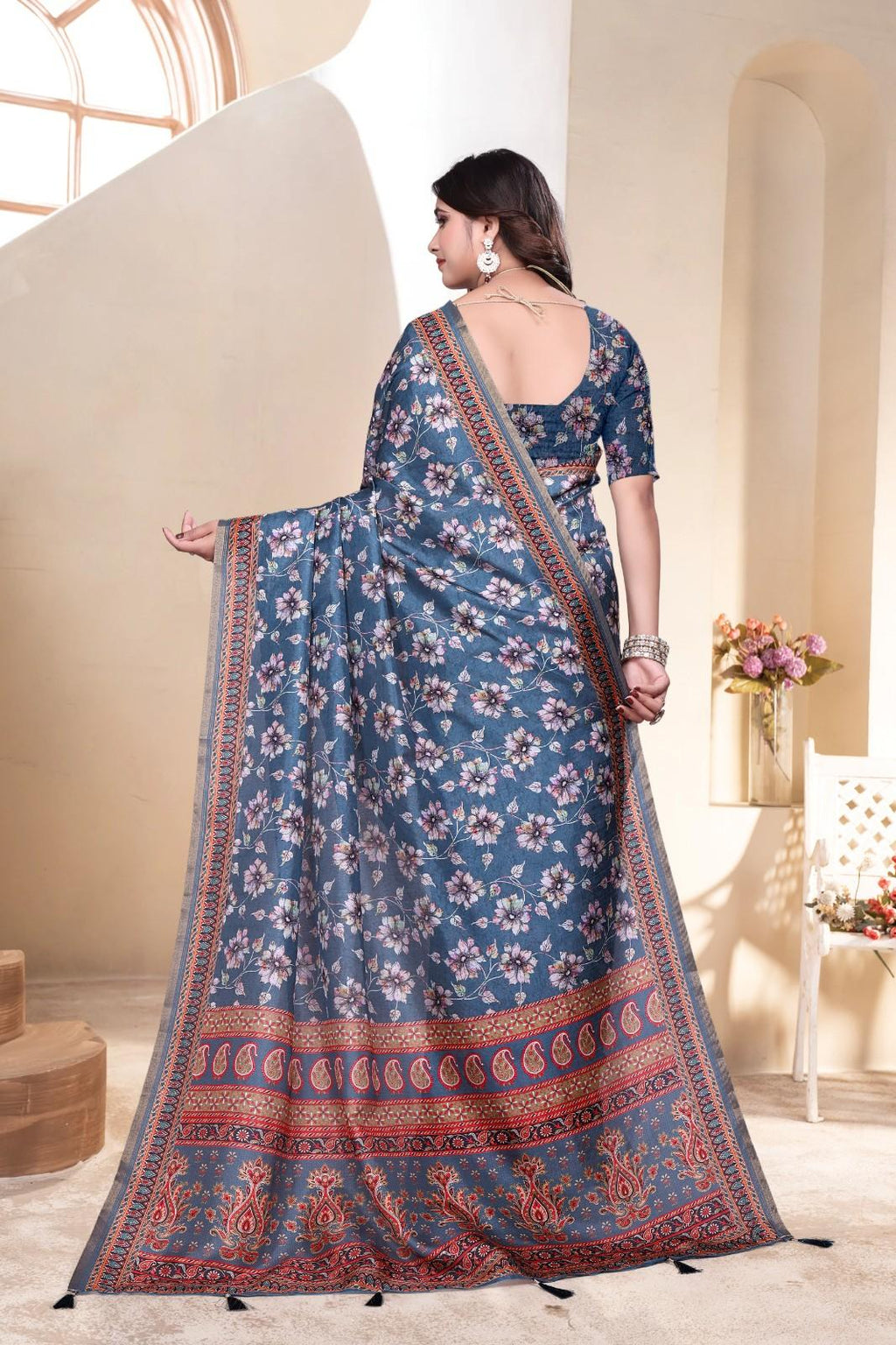 Soft Silk Saree with ethnic floral and geometric motifs