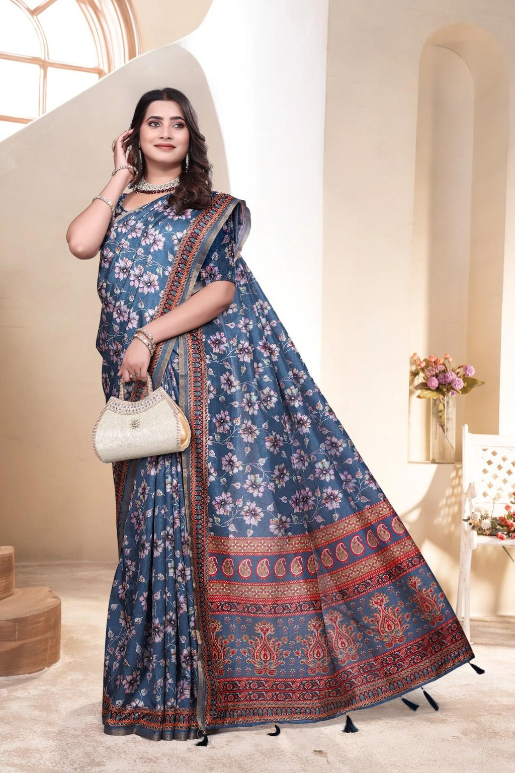 Soft Silk Saree with ethnic floral and geometric motifs