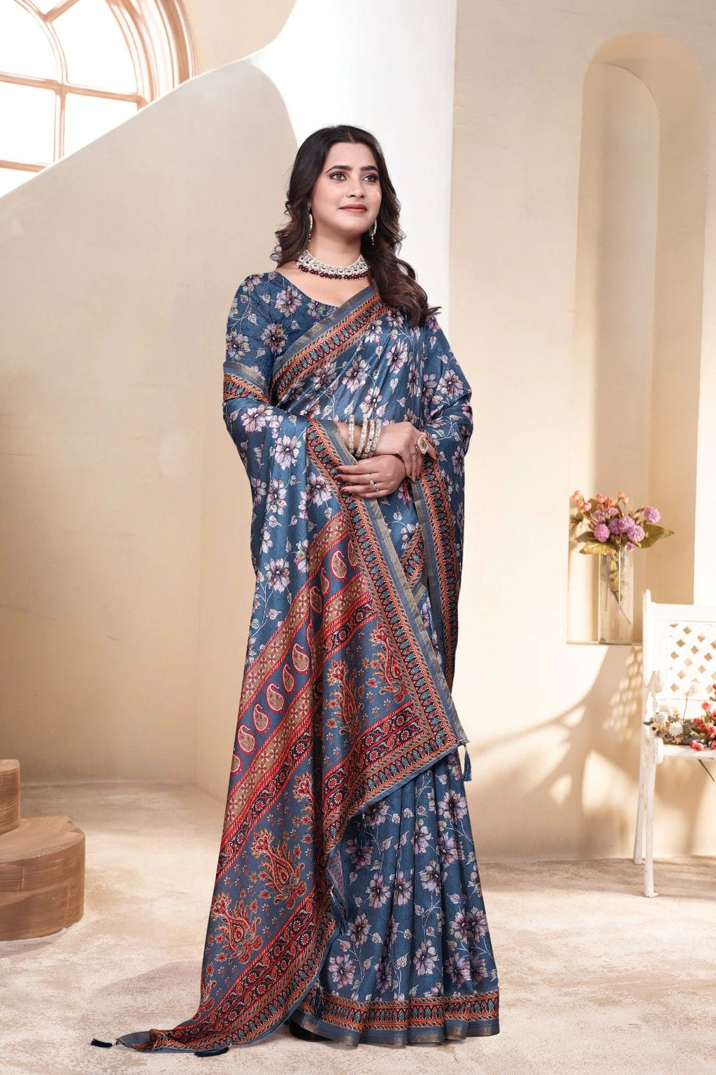 Soft Silk Saree with ethnic floral and geometric motifs