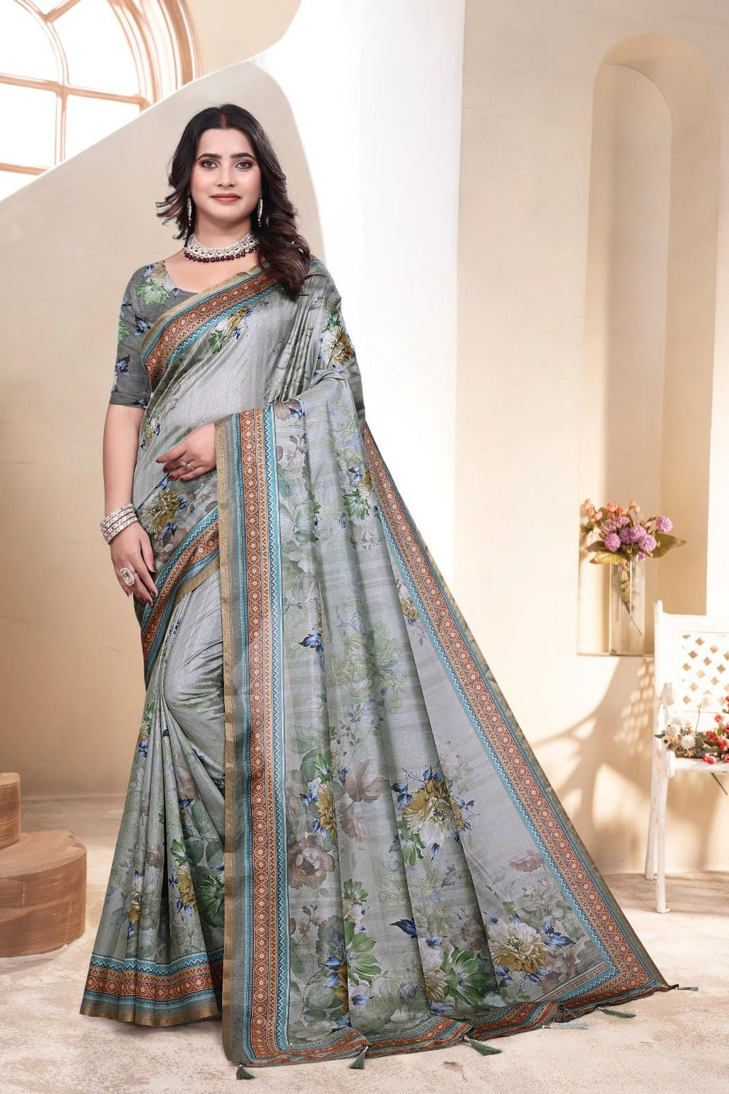 Soft Silk Saree with ethnic floral and geometric motifs