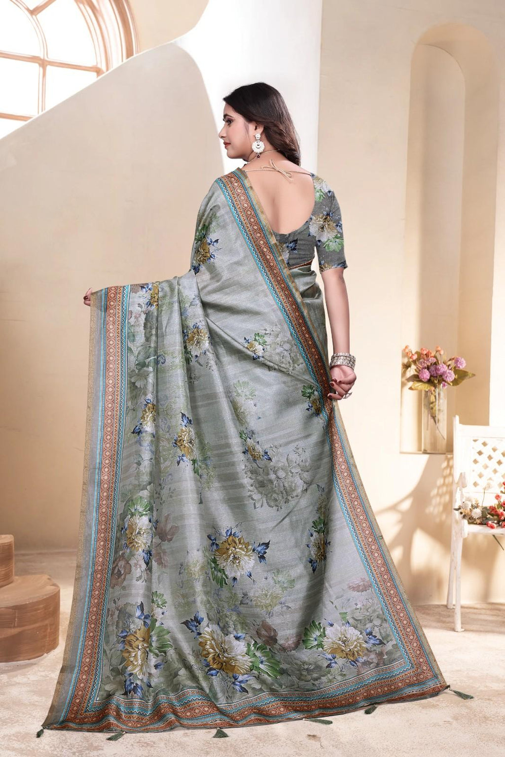 Soft Silk Saree with ethnic floral and geometric motifs